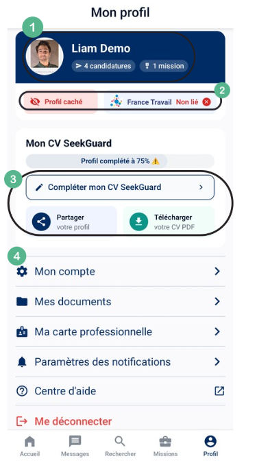 Écran de Profil de l'application SeekGuard montrant les différentes sections disponibles